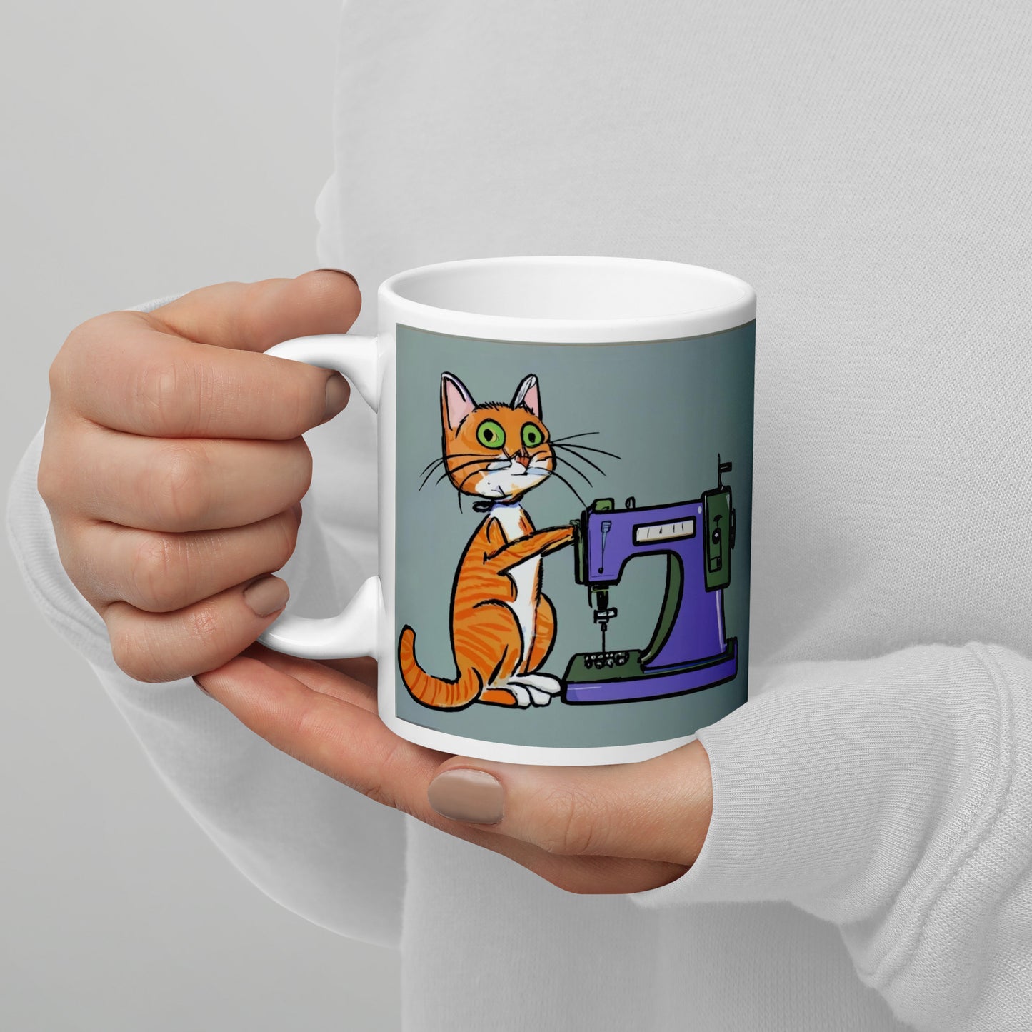 Glossy Mug with "Sewing Cat" design - The Perfect Gift for People who Love to Sew