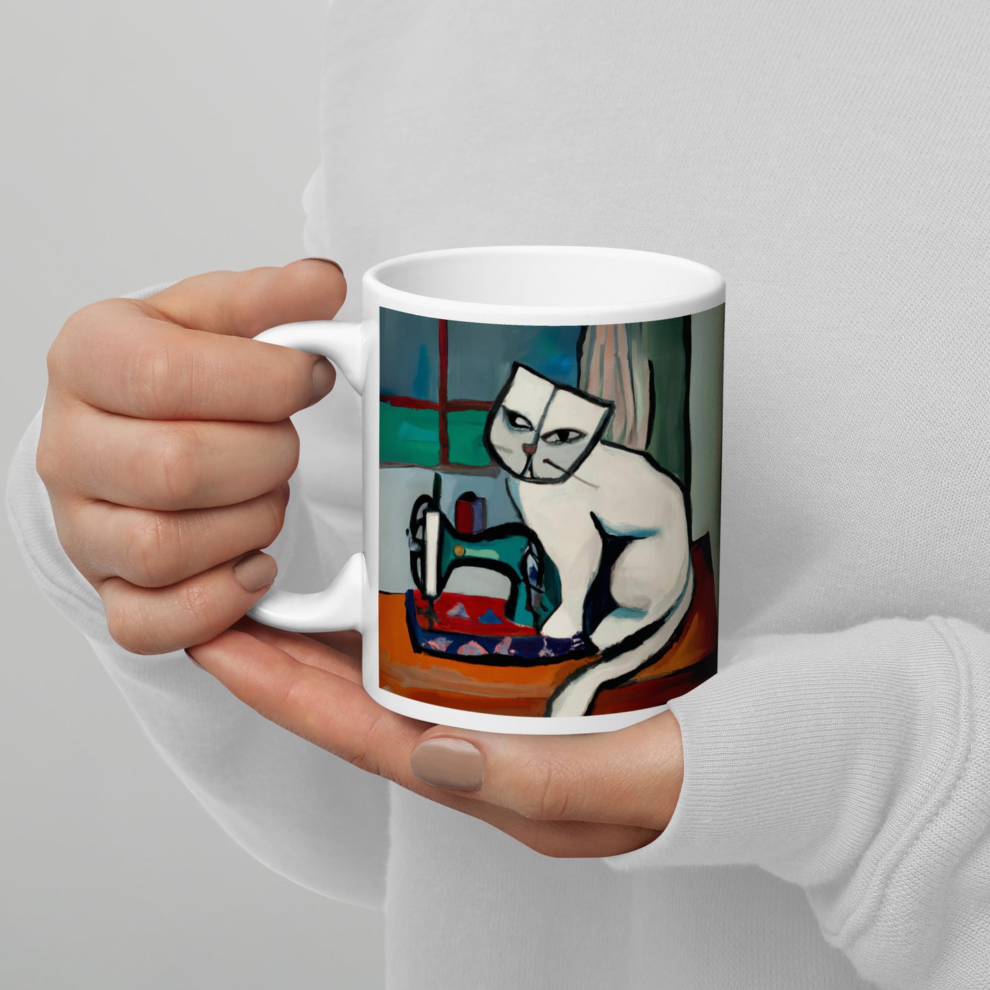 Glossy Mug with "Sewing Cat" design - The Perfect Gift for People who Love to Sew