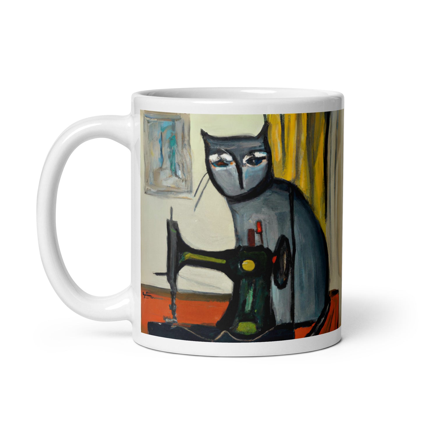 Glossy Mug with "Sewing Cat" design - The Perfect Gift for People who Love to Sew