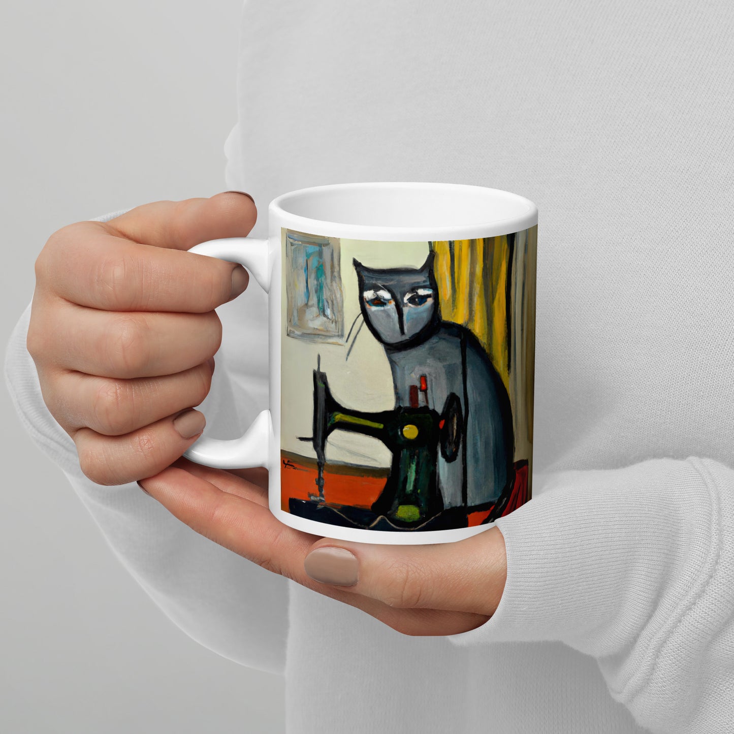 Glossy Mug with "Sewing Cat" design - The Perfect Gift for People who Love to Sew