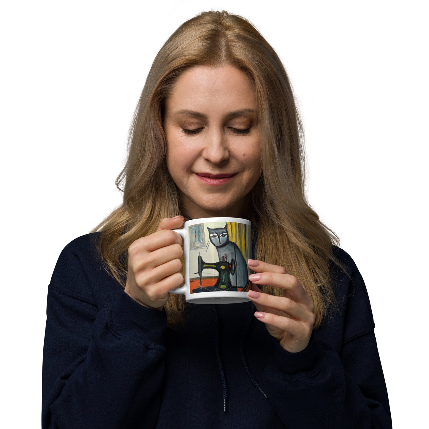 Glossy Mug with "Sewing Cat" design - The Perfect Gift for People who Love to Sew