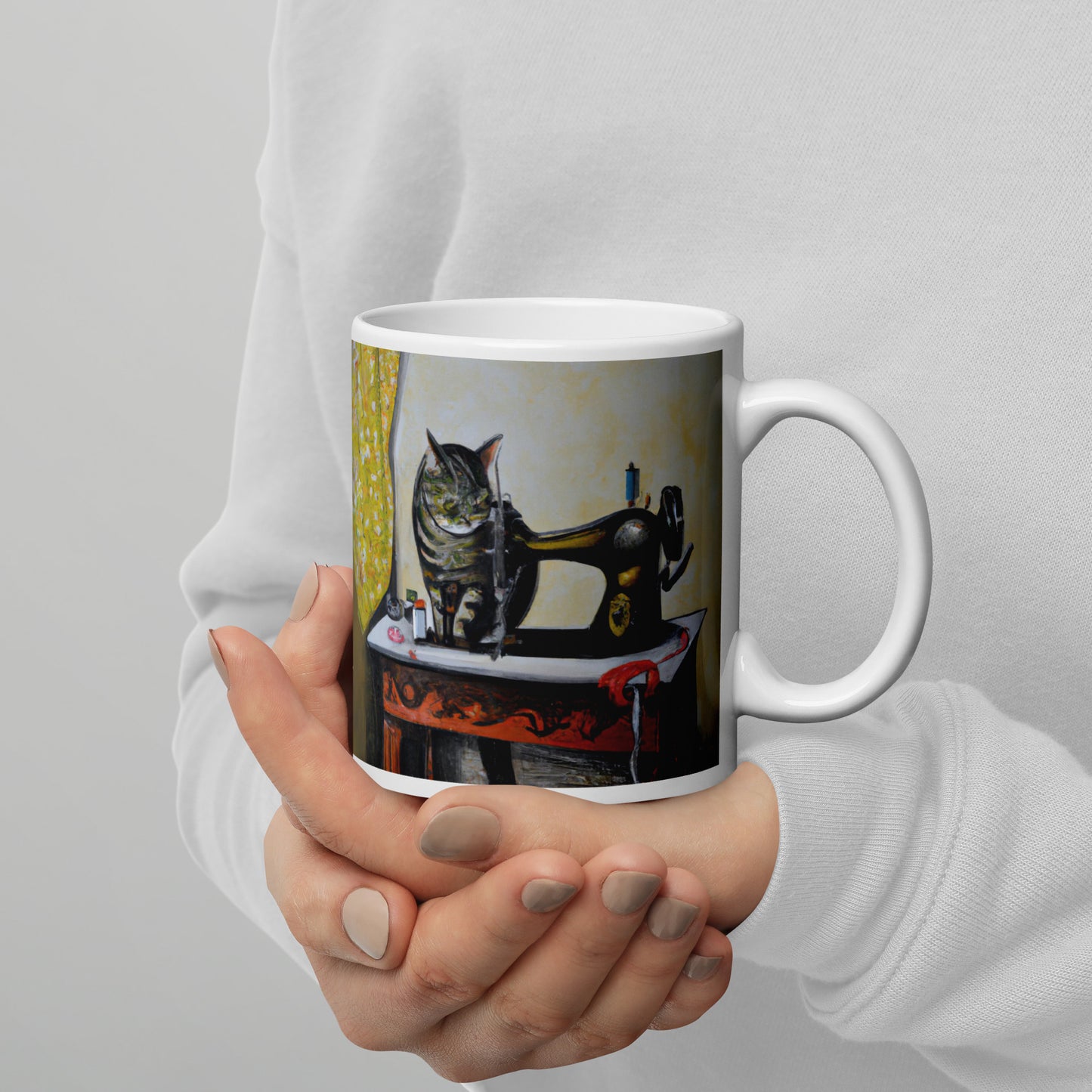 Glossy Mug with "Sewing Cat" design - The Perfect Gift for People who Love to Sew