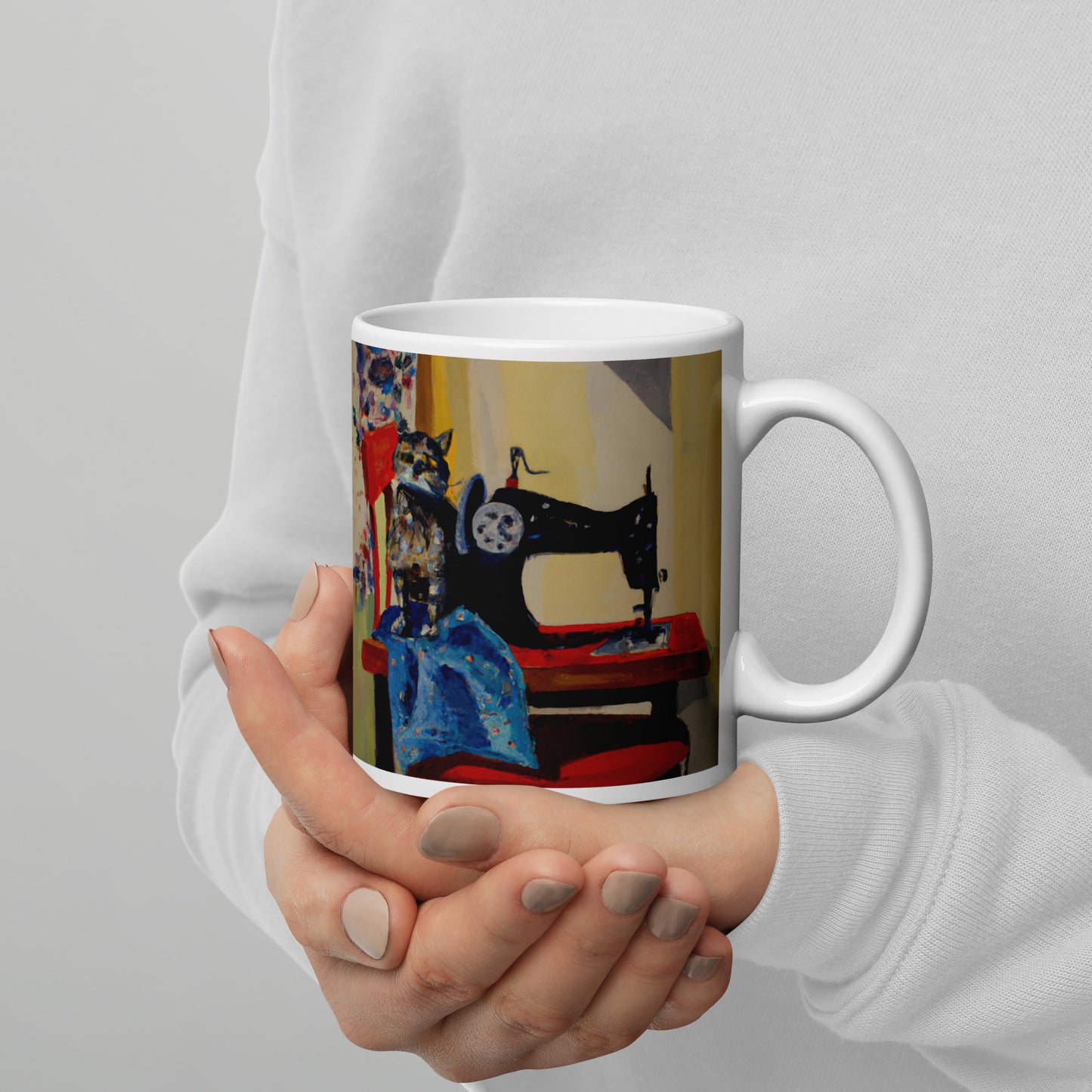 Glossy Mug with "Sewing Cat" design - The Perfect Gift for People who Love to Sew