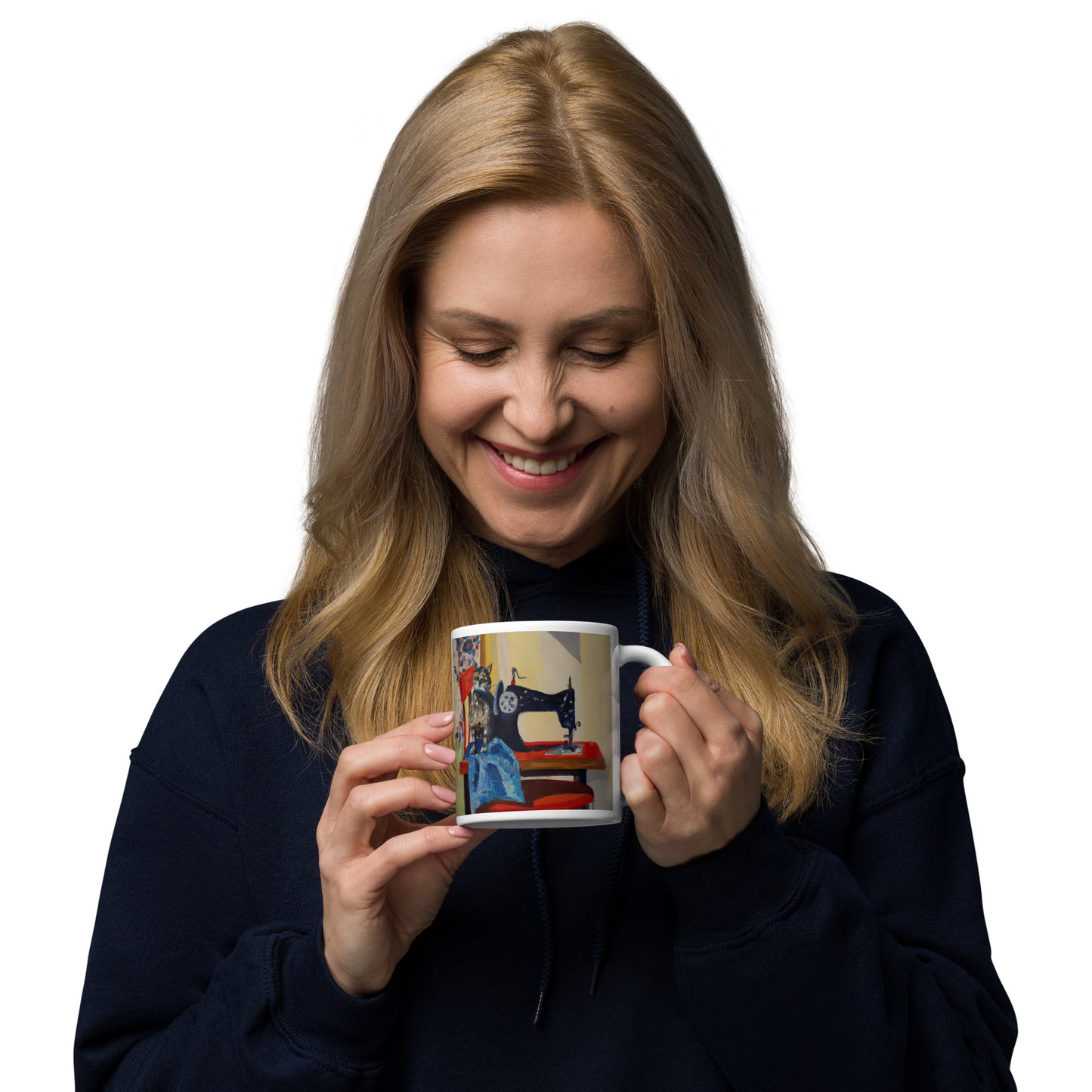 Glossy Mug with "Sewing Cat" design - The Perfect Gift for People who Love to Sew