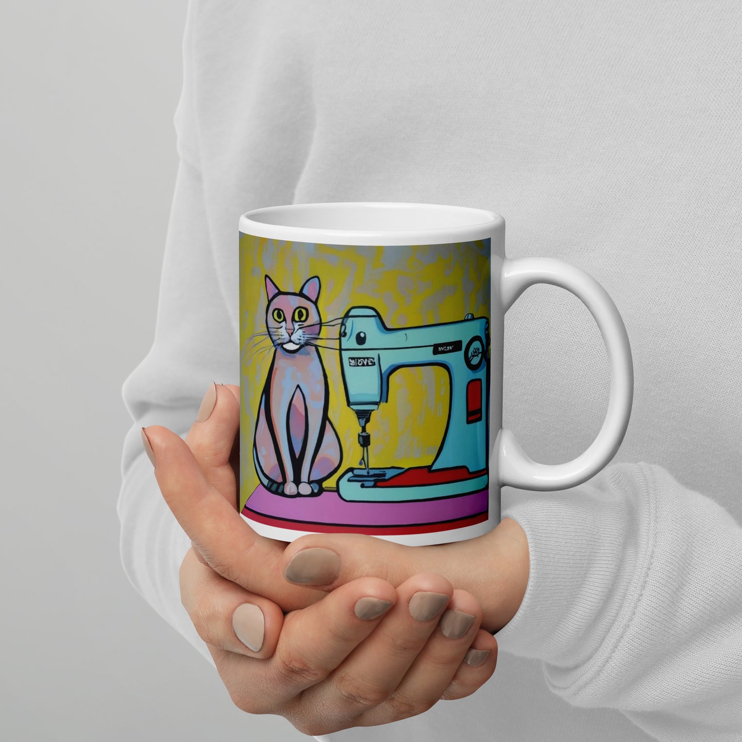 Glossy Mug with "Sewing Cat" design - The Perfect Gift for People who Love to Sew