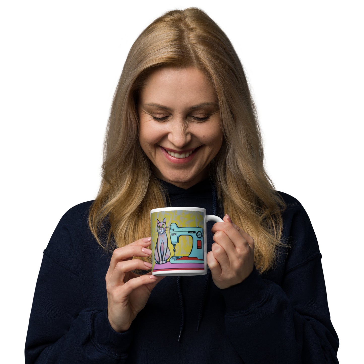 Glossy Mug with "Sewing Cat" design - The Perfect Gift for People who Love to Sew
