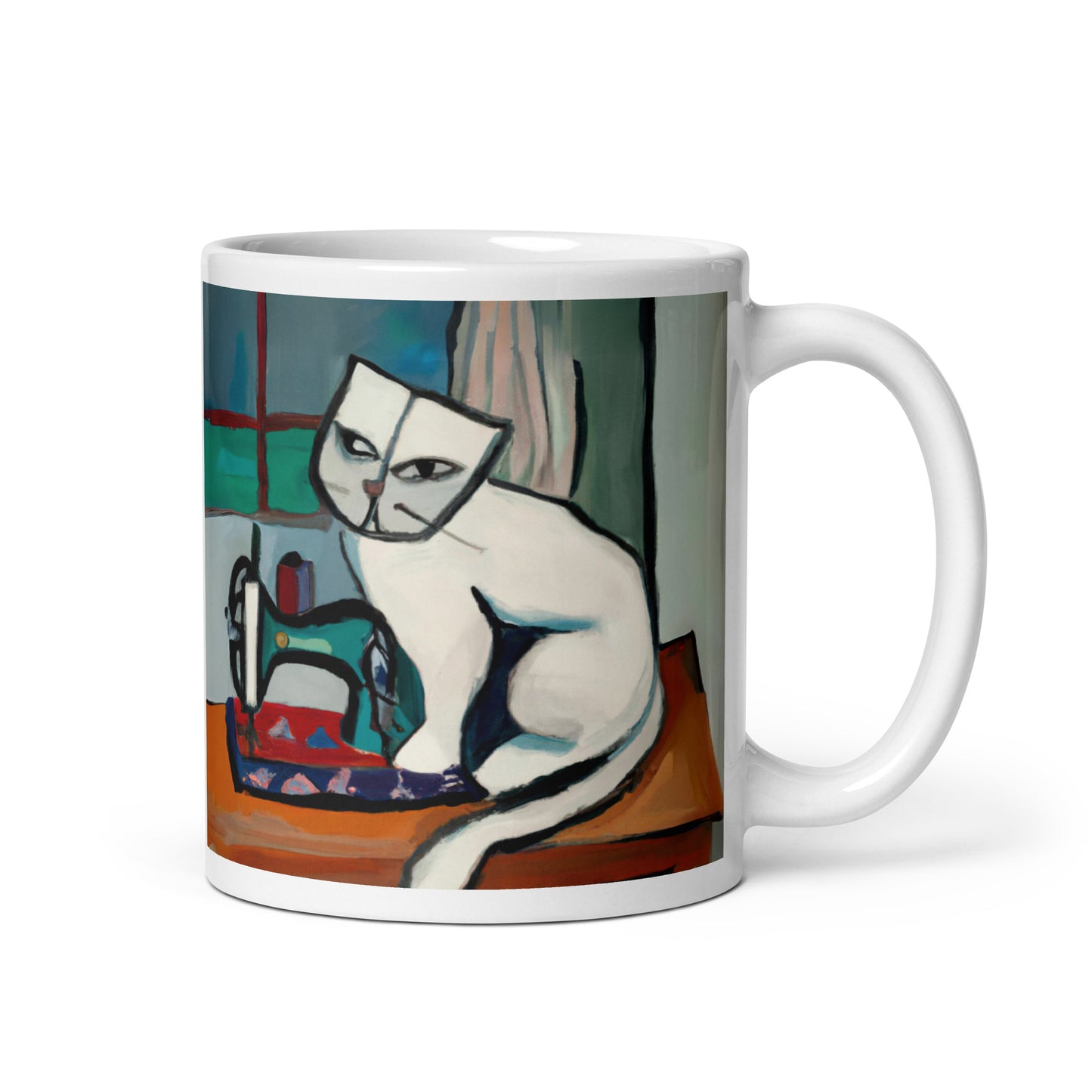 Glossy Mug with "Sewing Cat" design - The Perfect Gift for People who Love to Sew