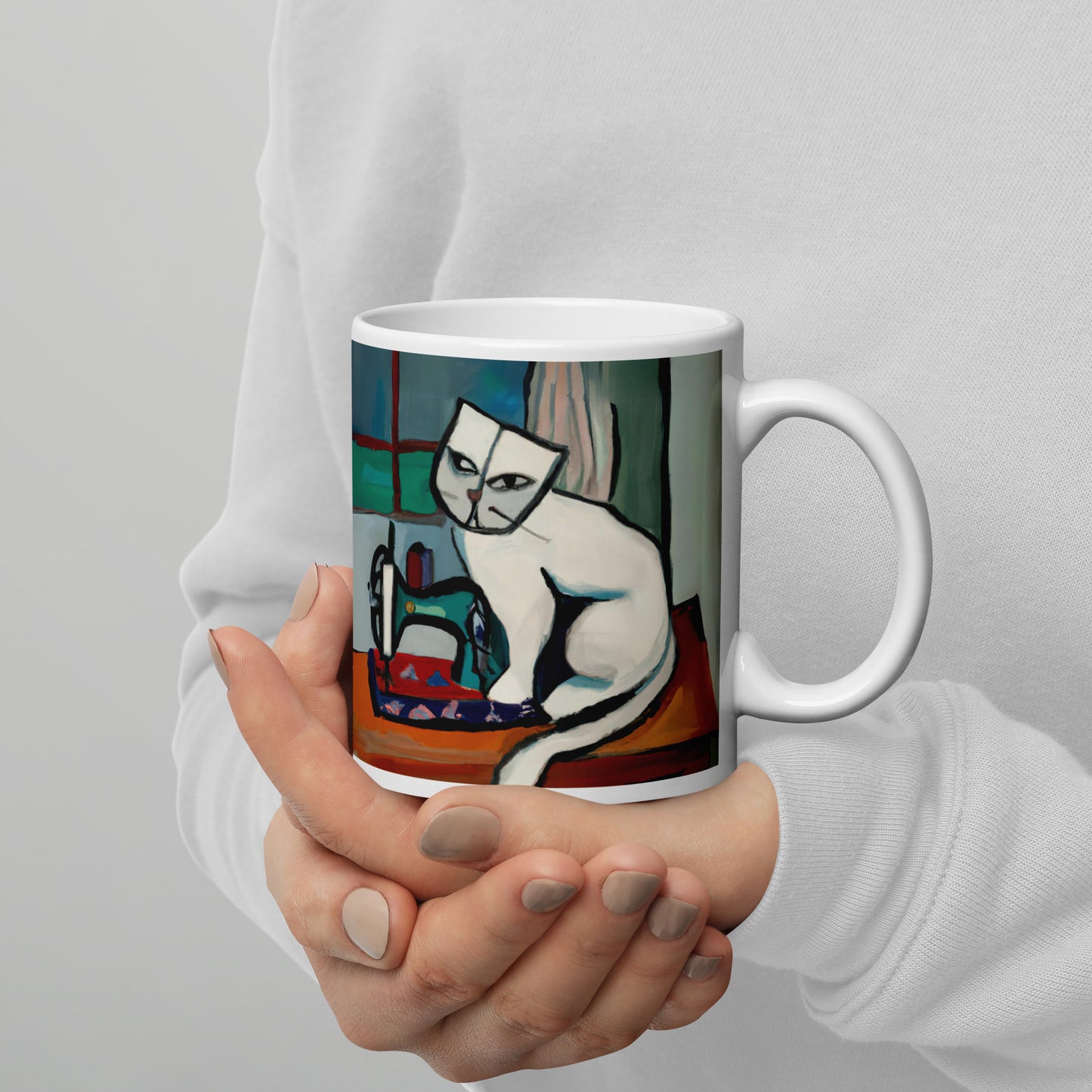 Glossy Mug with "Sewing Cat" design - The Perfect Gift for People who Love to Sew