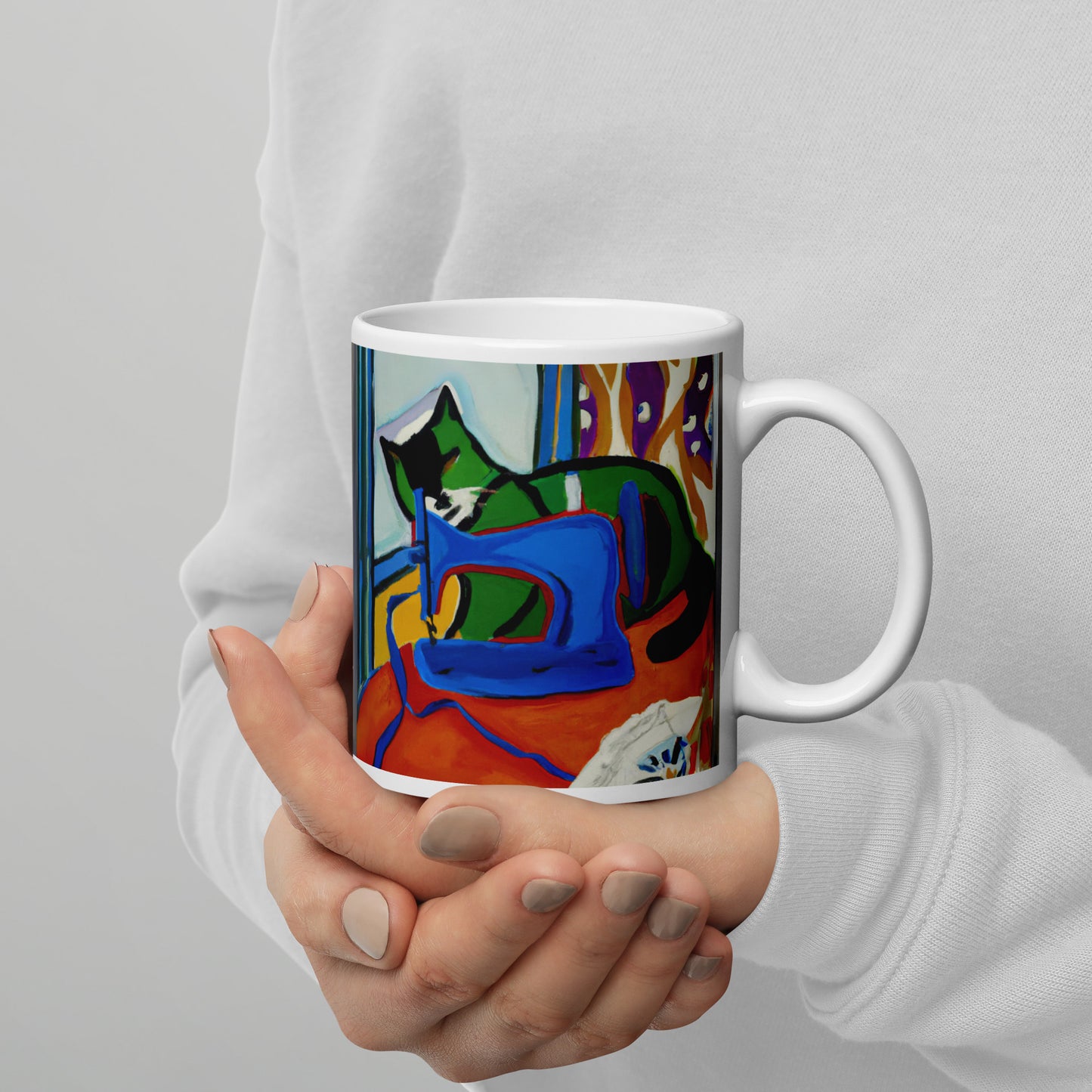 Glossy Mug with "Sewing Cat" design - The Perfect Gift for People who Love to Sew