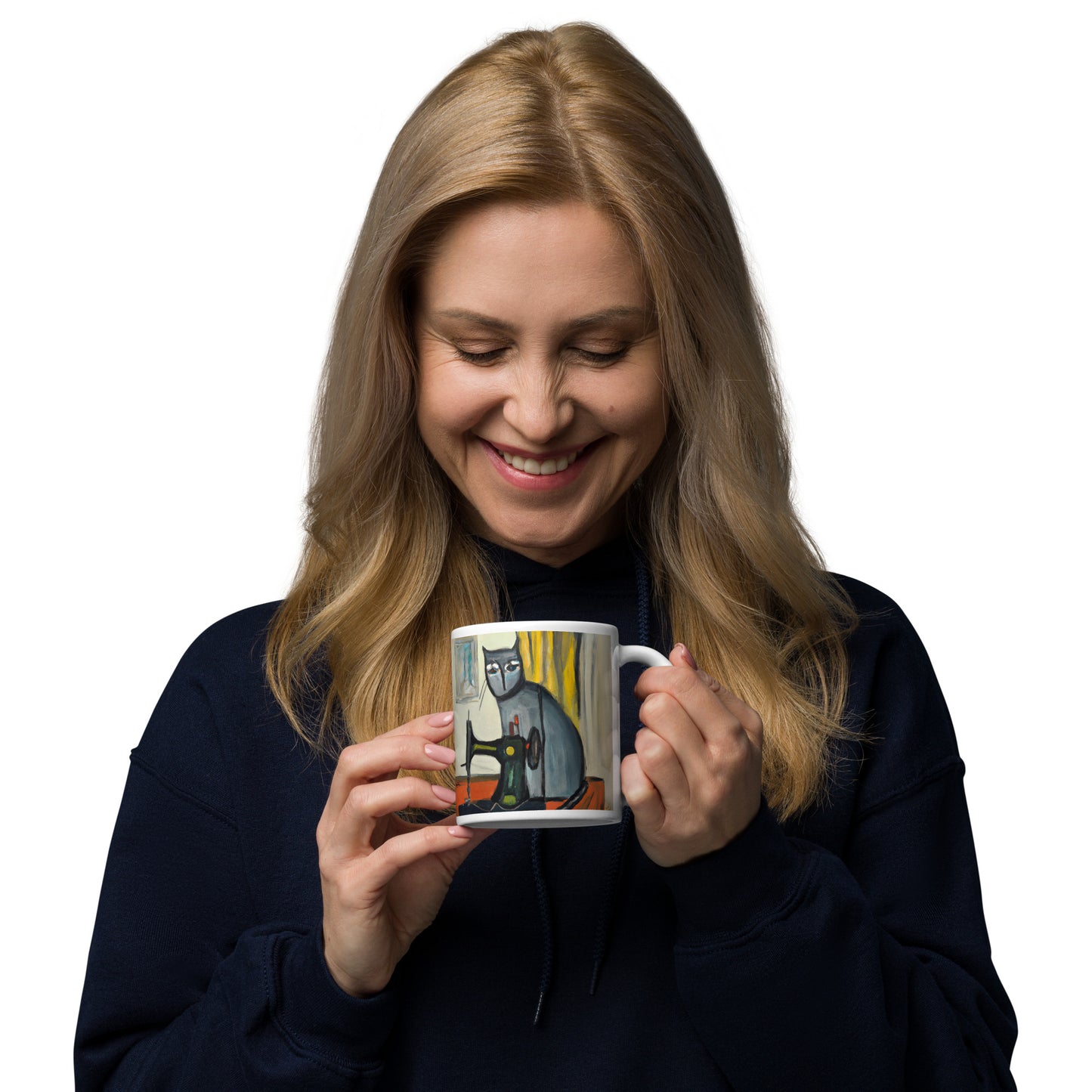 Glossy Mug with "Sewing Cat" design - The Perfect Gift for People who Love to Sew