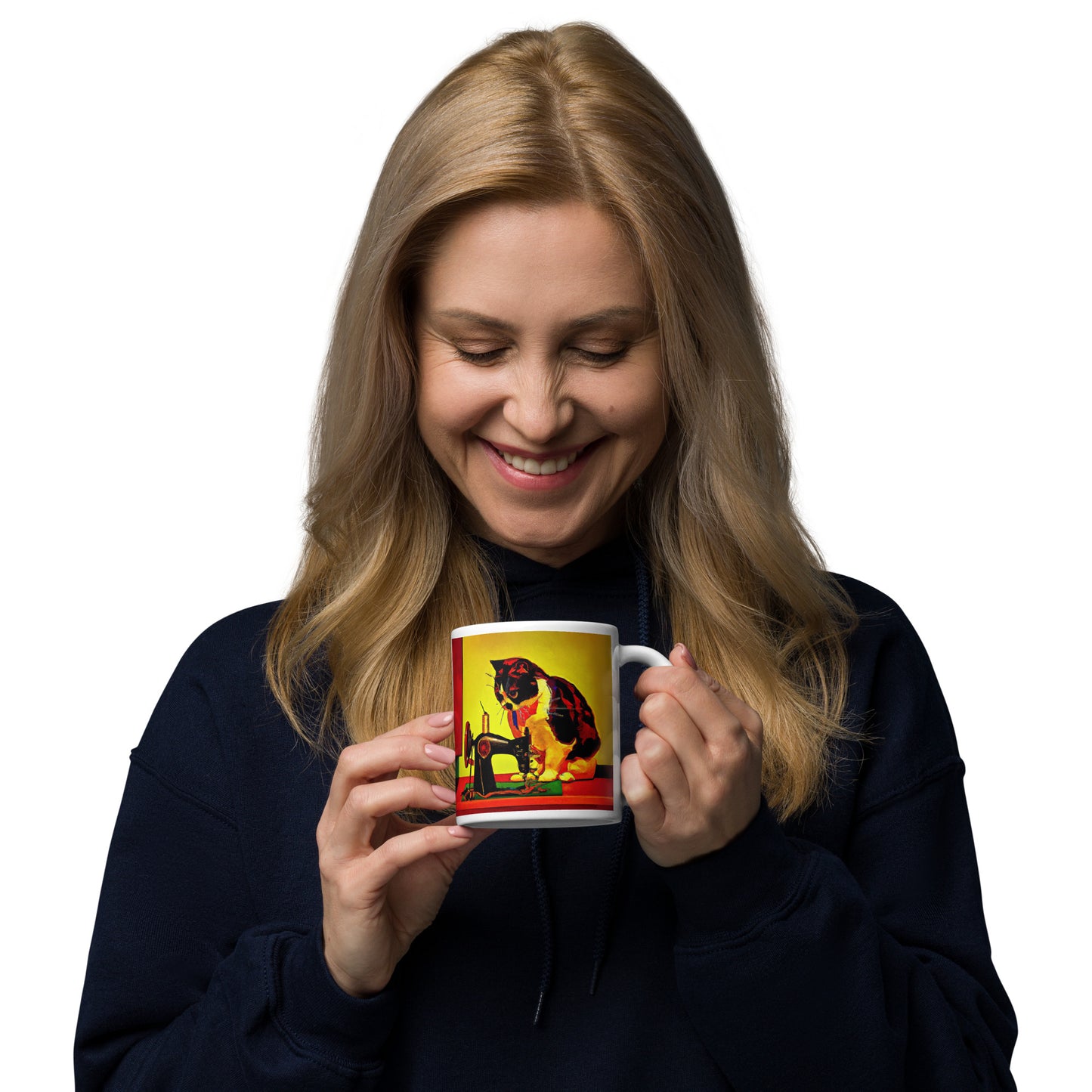 Glossy Mug with "Sewing Cat" design - The Perfect Gift for People who Love to Sew