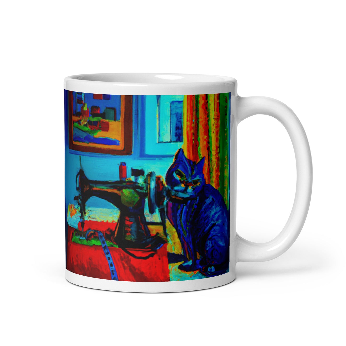Glossy Mug with "Sewing Cat" design - The Perfect Gift for People who Love to Sew