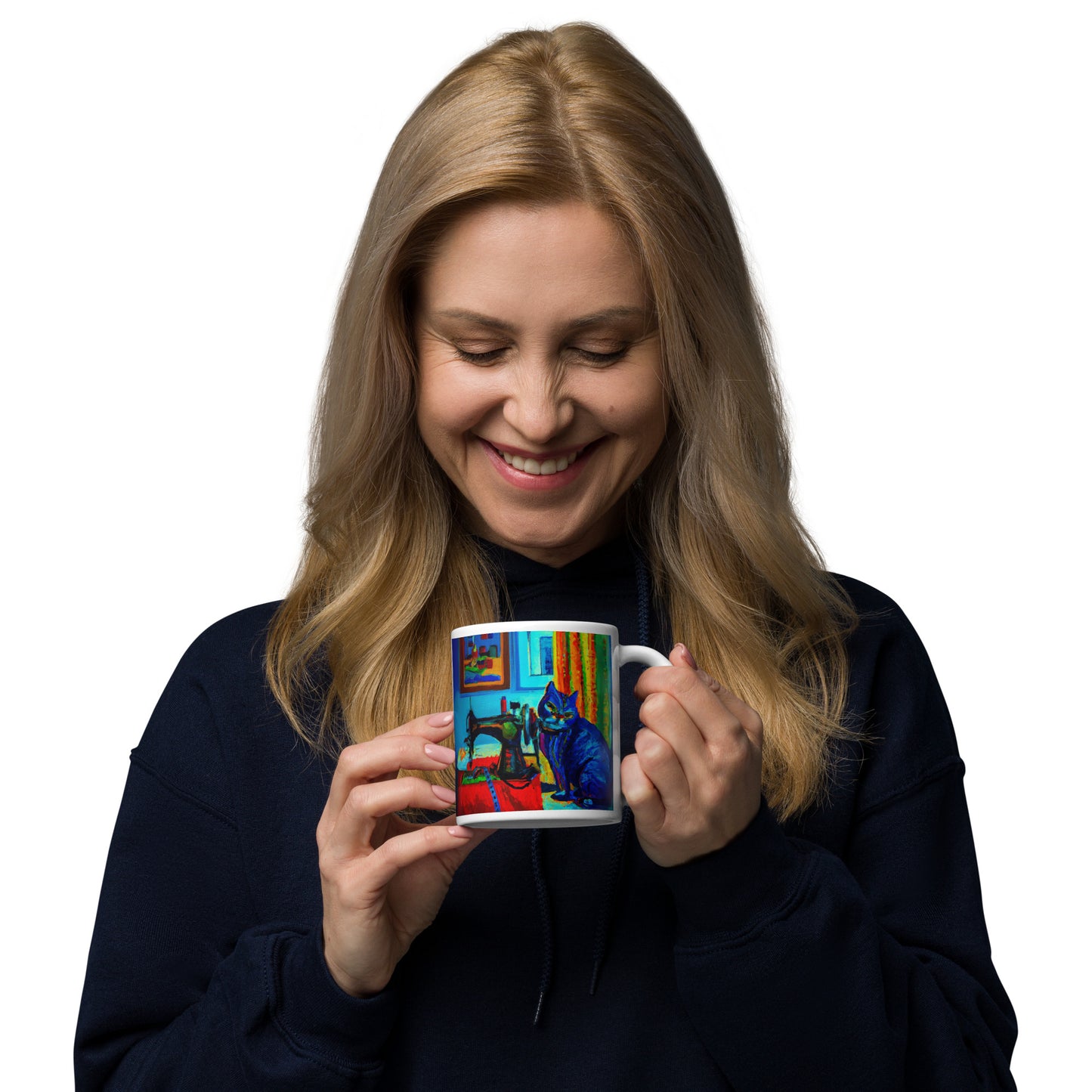 Glossy Mug with "Sewing Cat" design - The Perfect Gift for People who Love to Sew