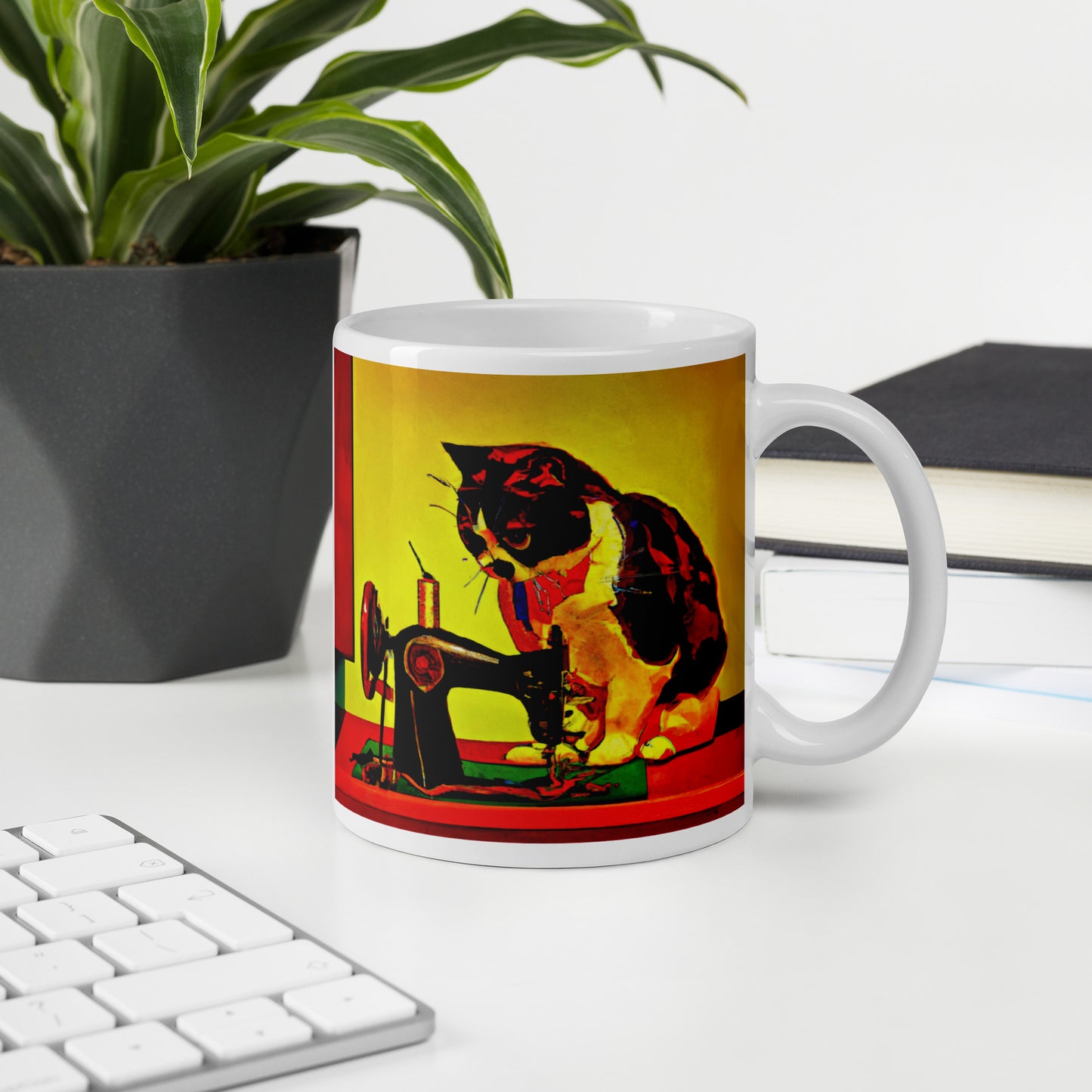 Glossy Mug with "Sewing Cat" design - The Perfect Gift for People who Love to Sew
