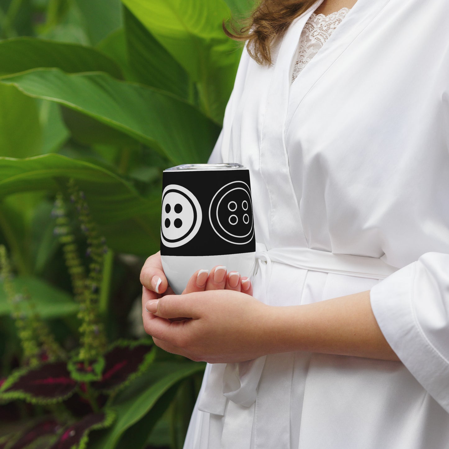 Black Wine Tumbler with "Big Buttons" Graphic - The Perfect Gift for People who Love to Sew