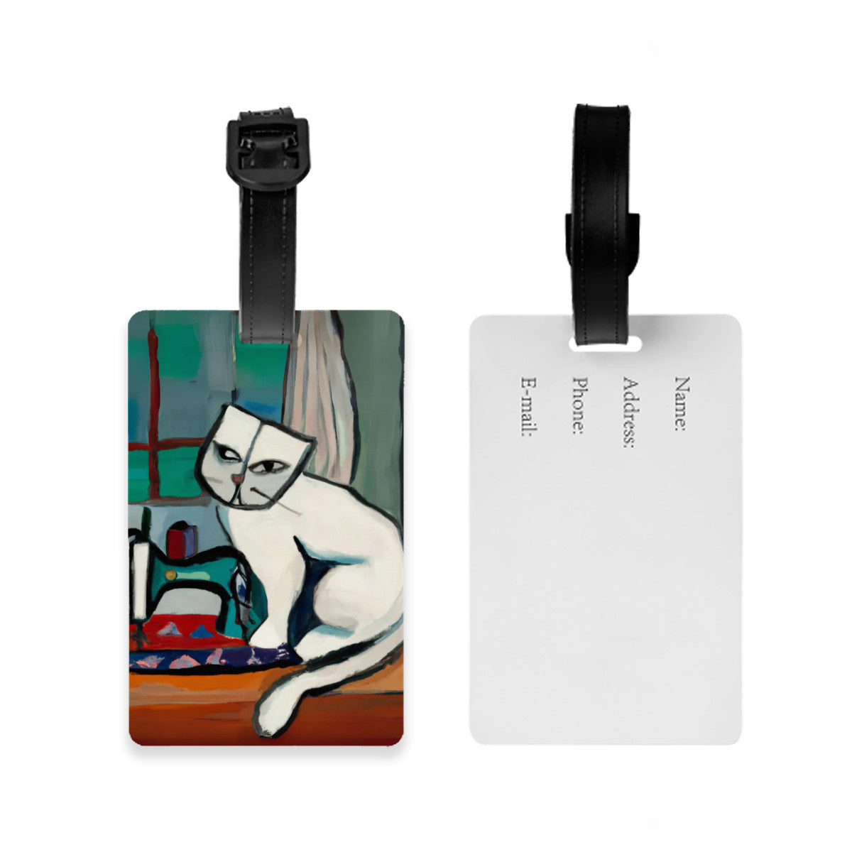 Luggage Tag with "Sewing Cat" design, the ideal gift for people who love to sew, cat lovers, and travelers.