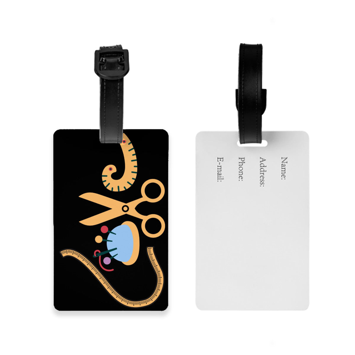 Black Luggage Tag with "Love Sewing" design, the ideal gift for people who love to sew, cat lovers, and travelers.