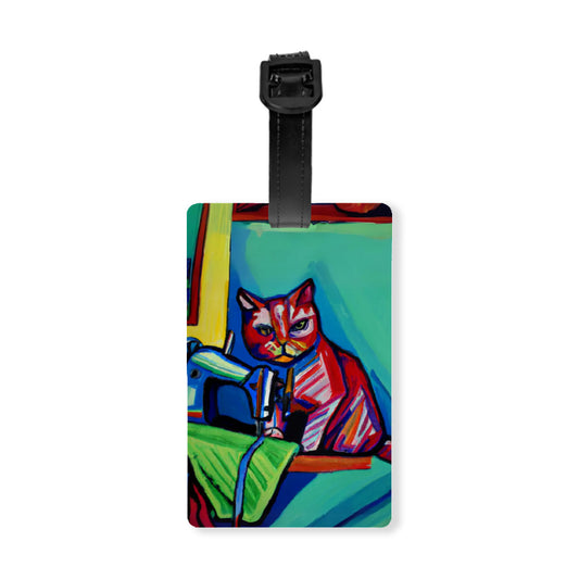 Luggage Tag with "Sewing Cat" design, the ideal gift for people who love to sew, cat lovers, and travelers.