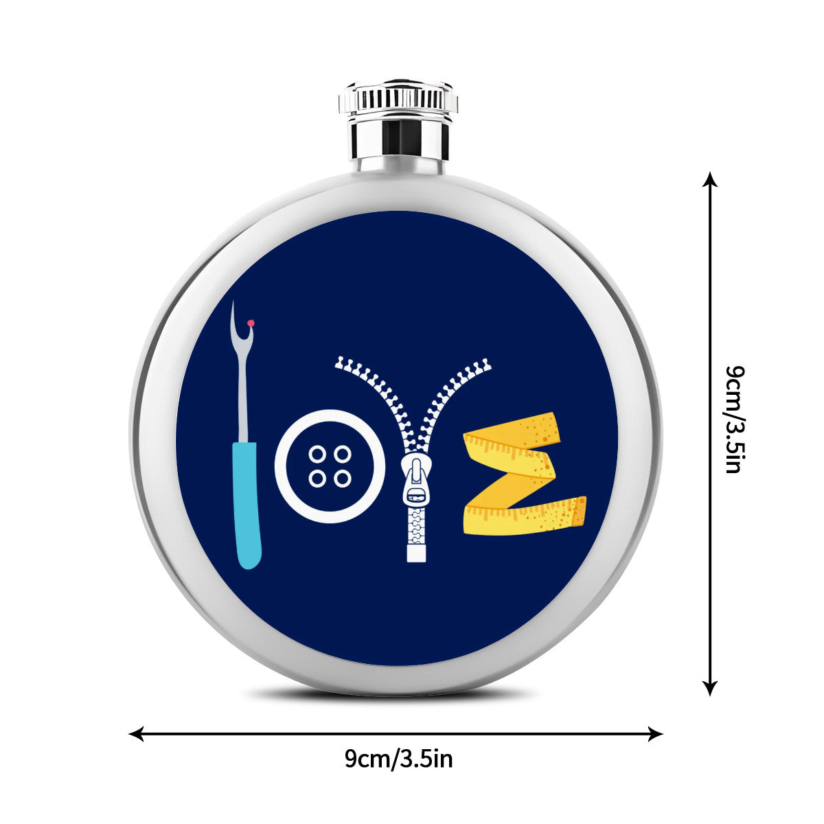 Navy Flask with "Love Sewing" design, the Perfect Gift for People who Love to Sew