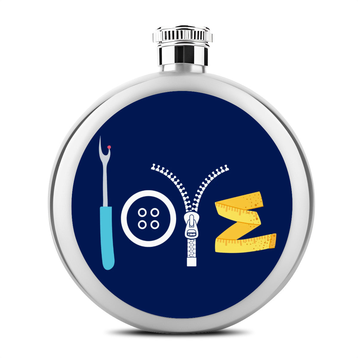 Navy Flask with "Love Sewing" design, the Perfect Gift for People who Love to Sew