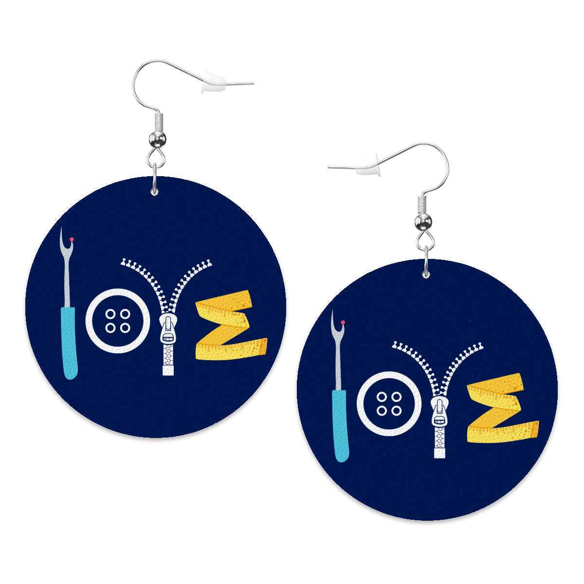 Navy Circle Drop Leather Earrings with " Love Sewing" design, the perfect gifts for people who love to sew