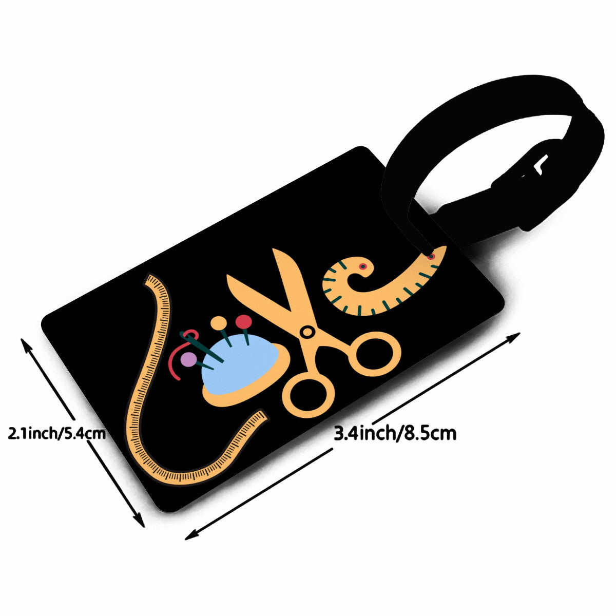 Black Luggage Tag with "Love Sewing" design, the ideal gift for people who love to sew, cat lovers, and travelers.