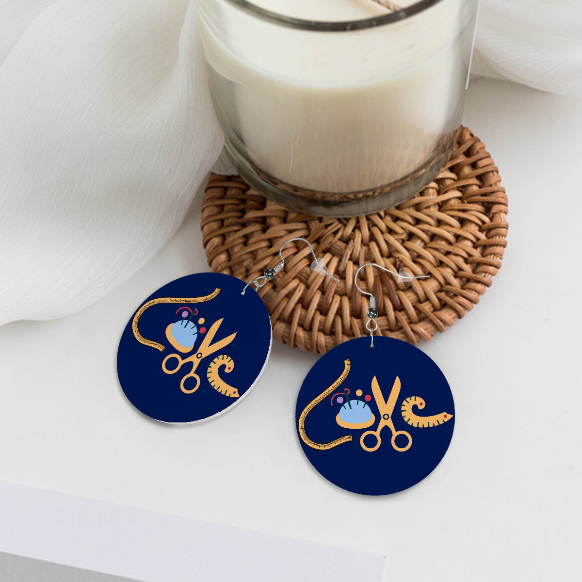 Navy Circle Drop Leather Earrings with " Love Sewing" design, the perfect gifts for people who love to sew