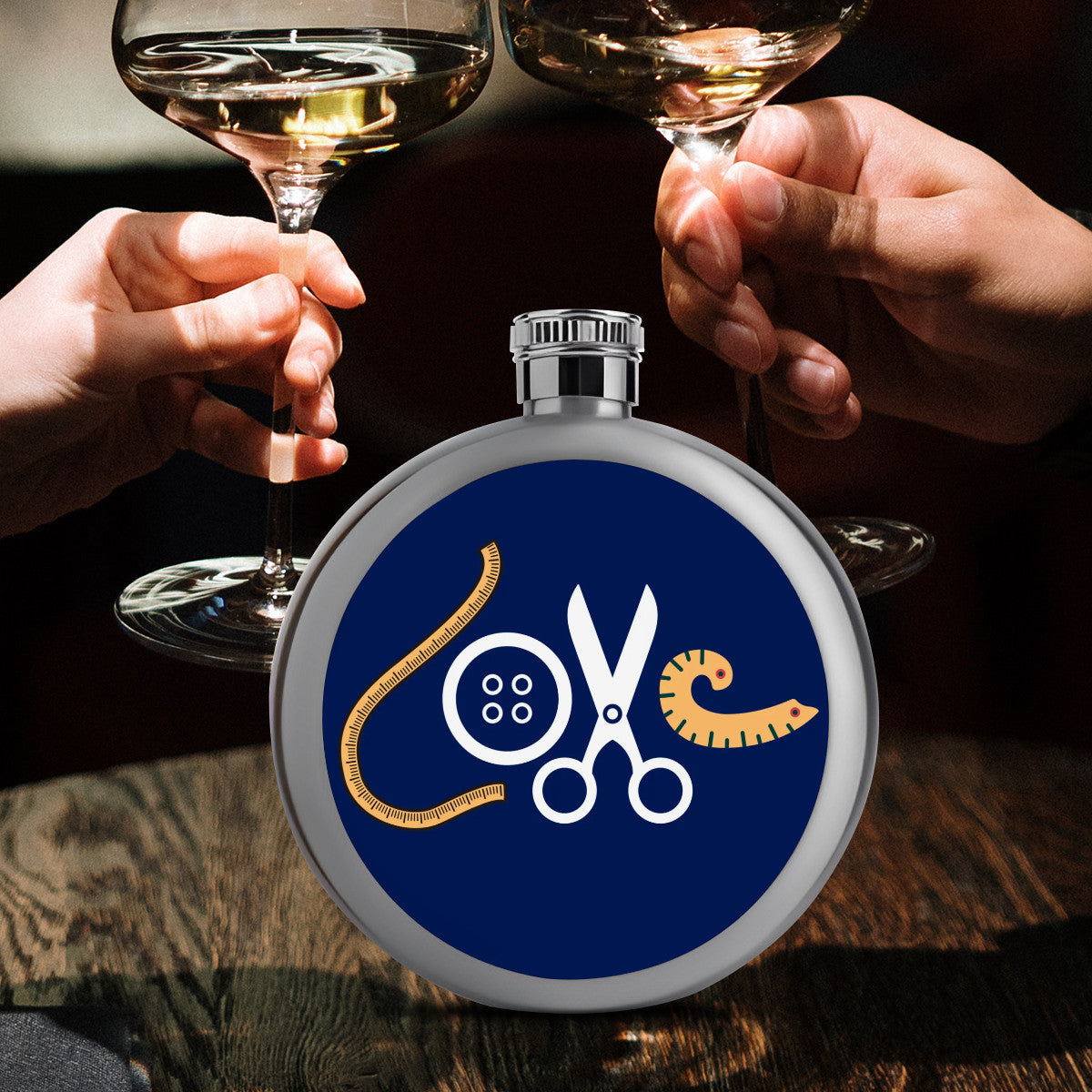 Navy Flask with "Love Sewing" design, the Perfect Gift for People who Love to Sew