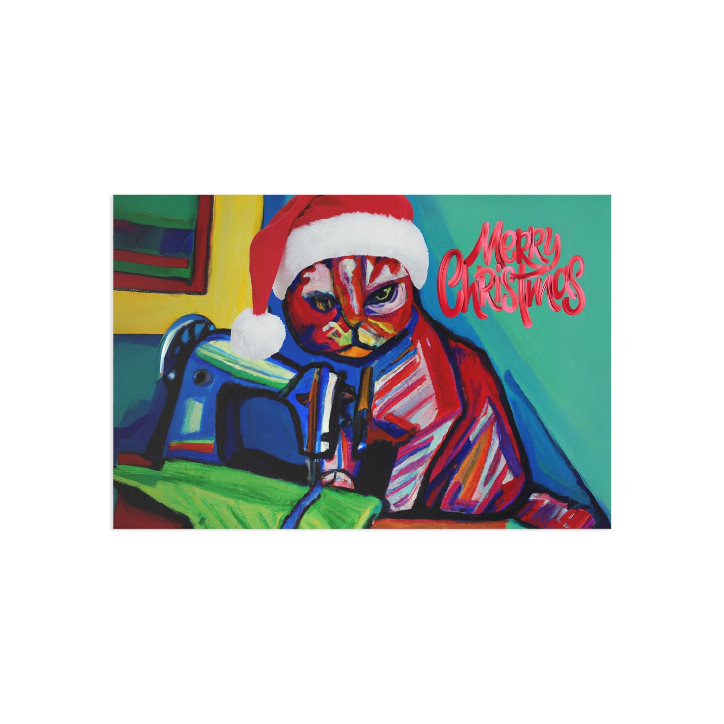 Merry Christmas Colourful Sewing Cat Postcard