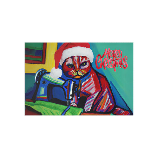 Merry Christmas Colourful Sewing Cat Postcard