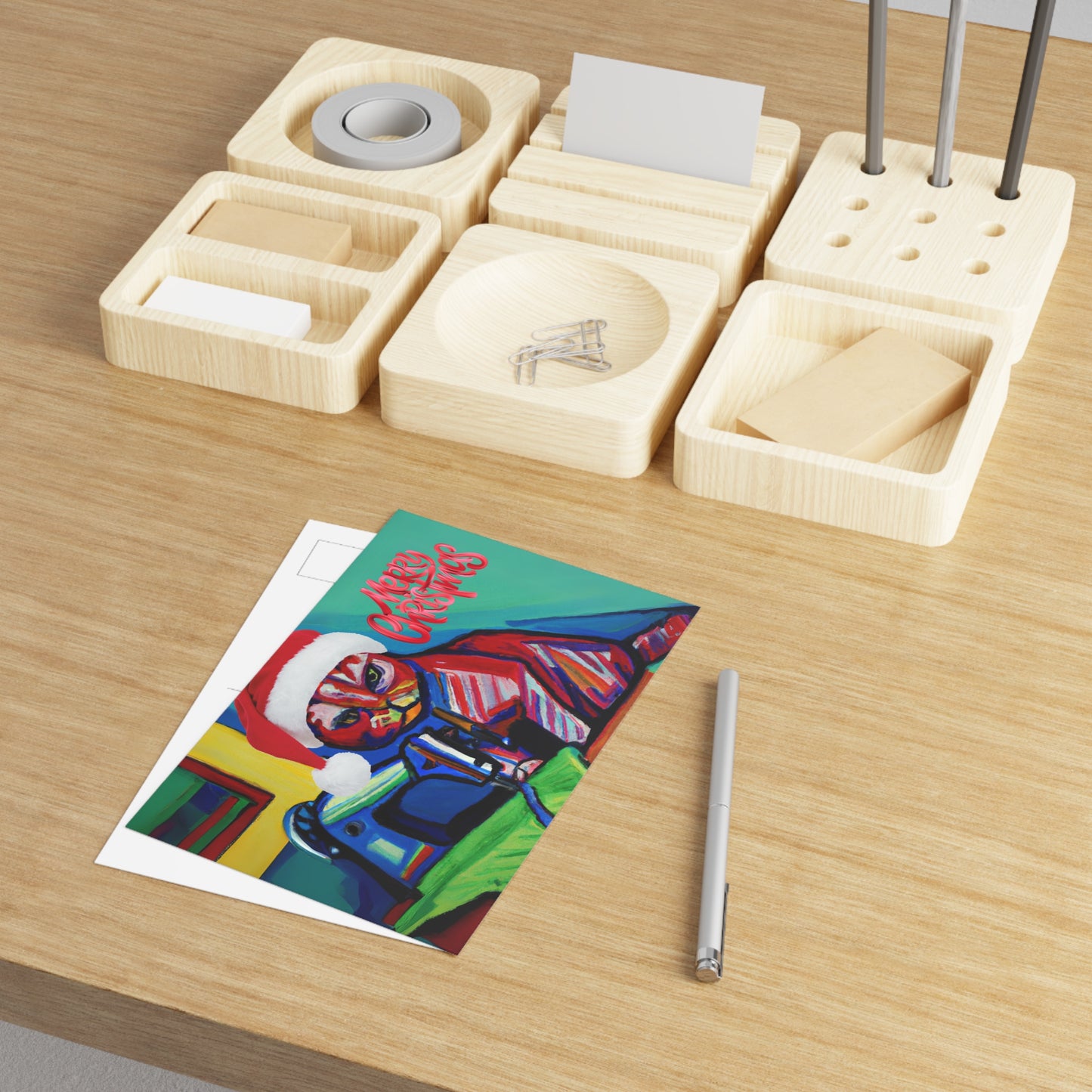 Merry Christmas Colourful Sewing Cat Postcard