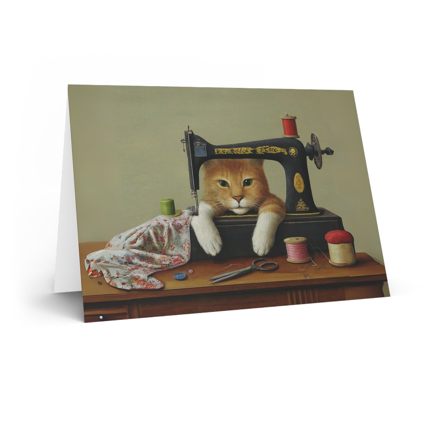 Cute Ginger Sewing Cat Blank Card