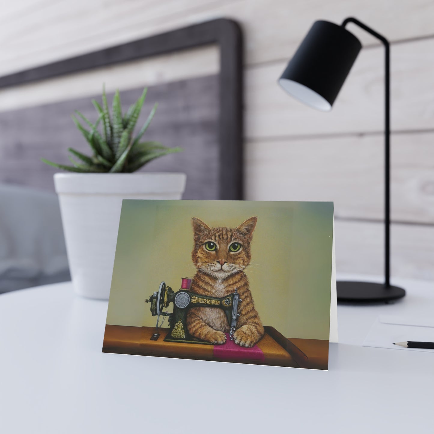 Ginger Sewing Cat Blank Card