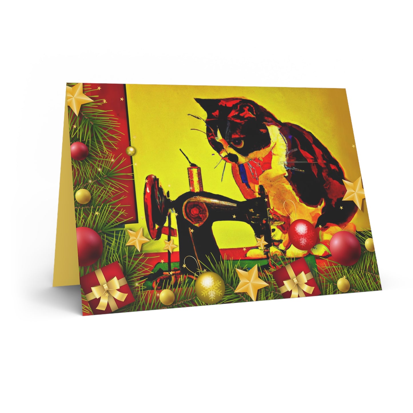 Pop Art Sewing Cat Greeting Cards | Holiday Wishes