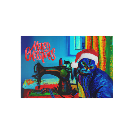 Merry Christmas Blue Sewing Cat Postcard