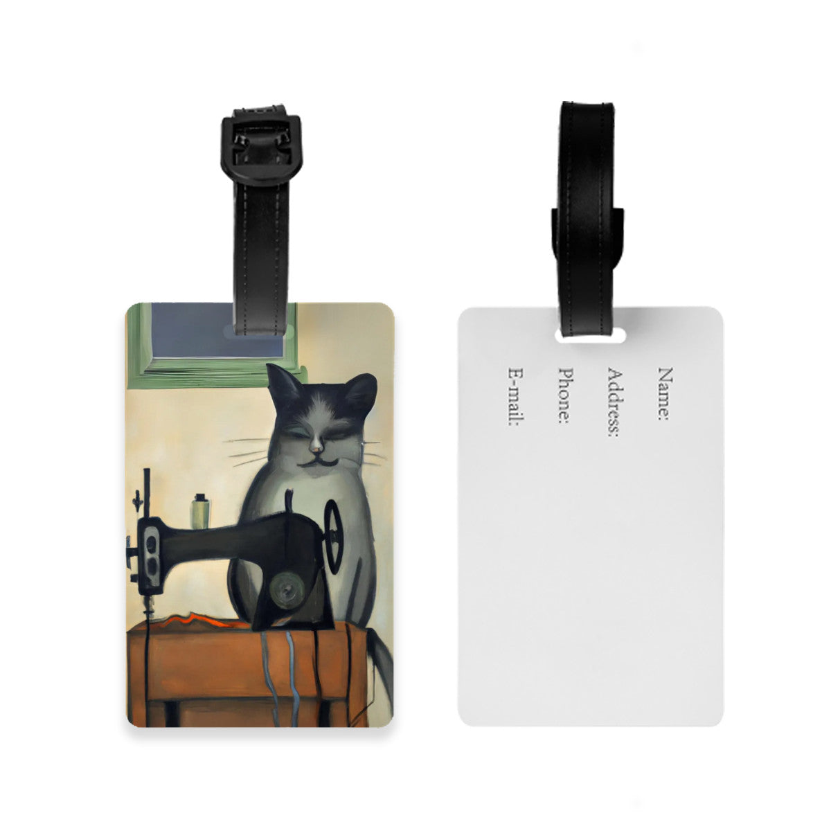 Luggage Tag with "Sewing Cat" design, the ideal gift for people who love to sew, cat lovers, and travelers.