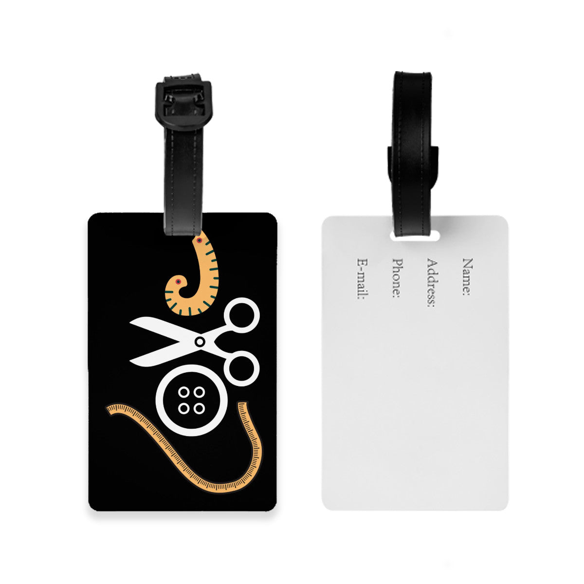 Black Luggage Tag with "Love Sewing" design, the ideal gift for people who love to sew, cat lovers, and travelers.