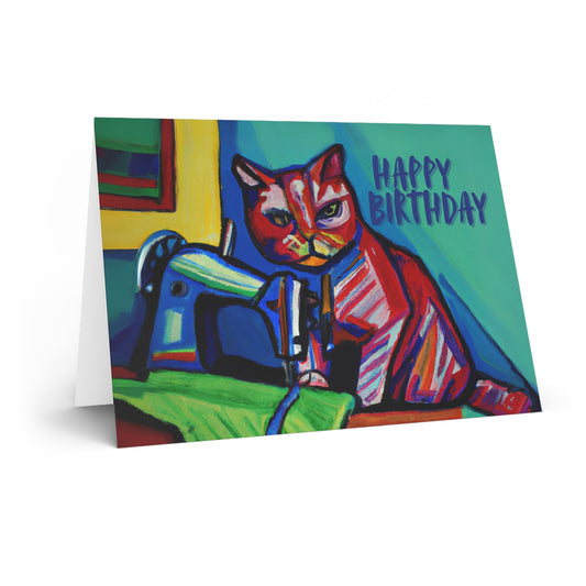 Birthday Card Colourful Sewing Cat