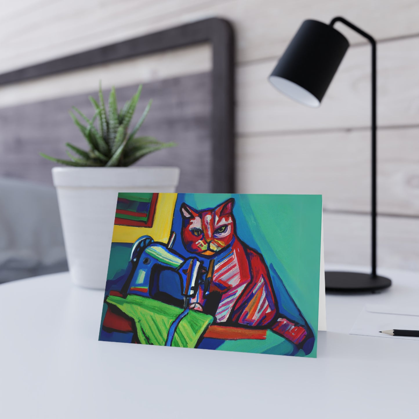 Colorful Sewing Cat Blank Card