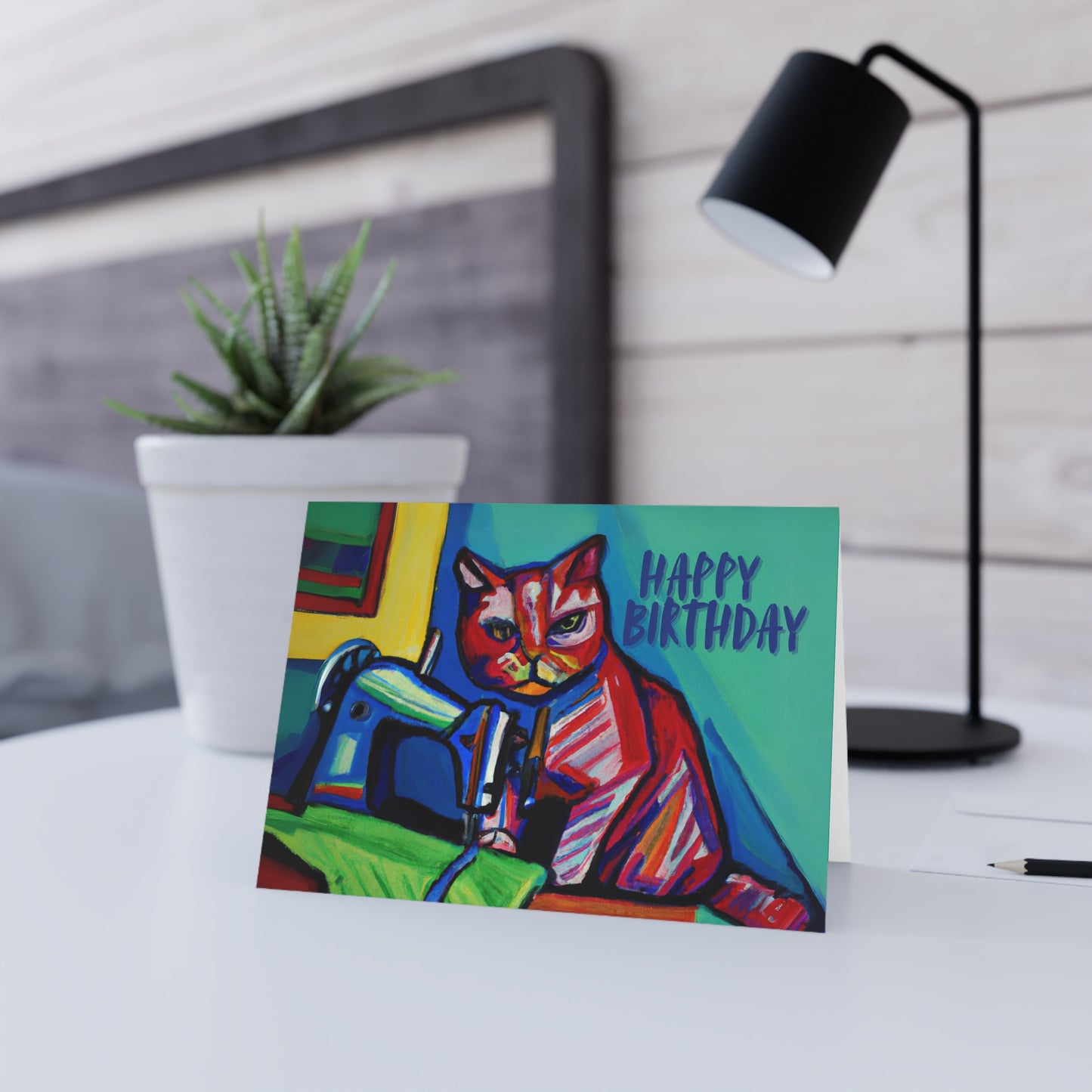 Birthday Card Colourful Sewing Cat