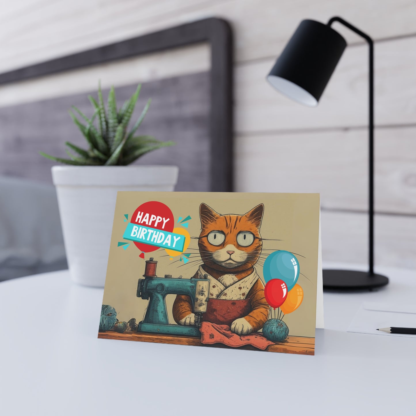 Birthday Card Seamstress Cat