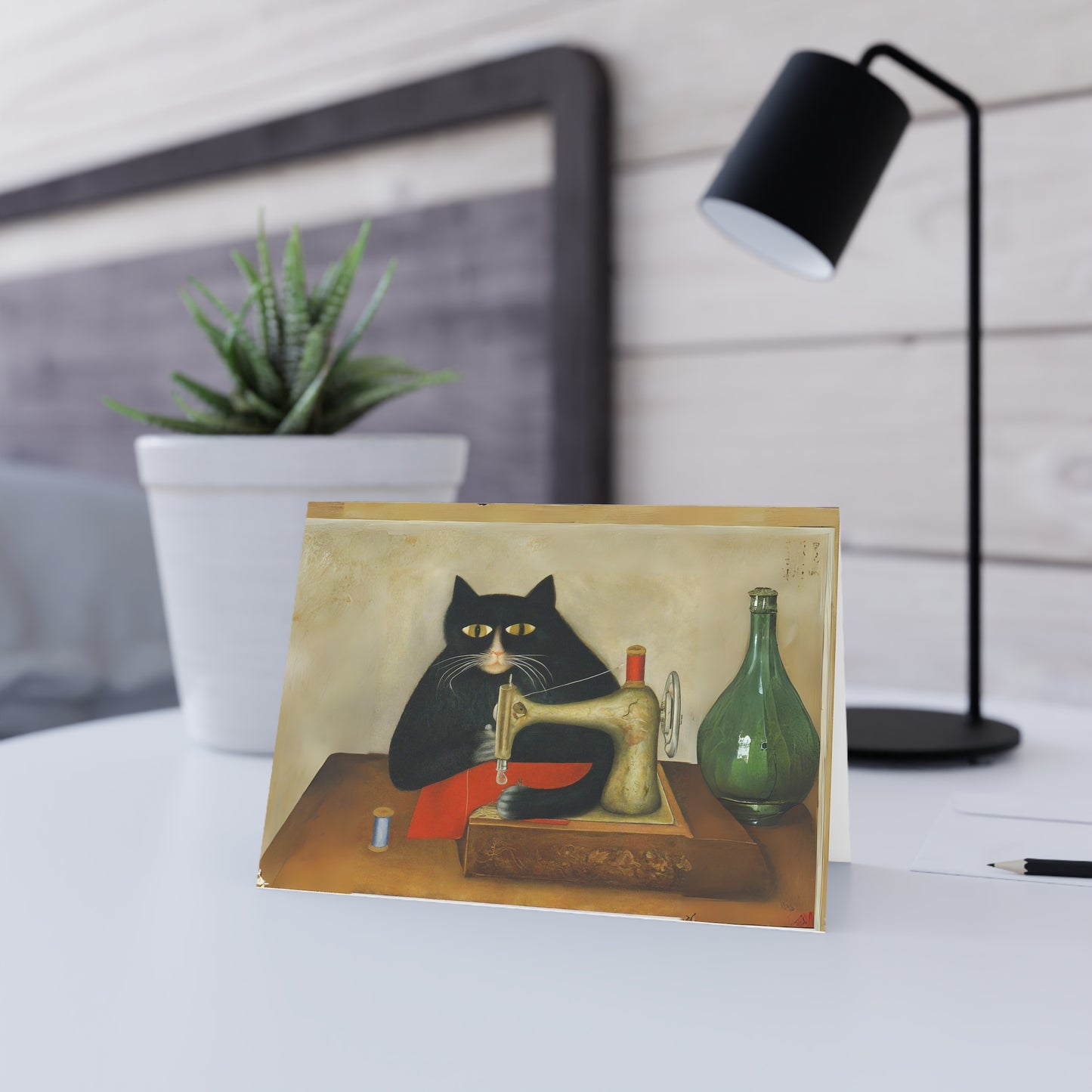 Black Sewing Cat Blank Card