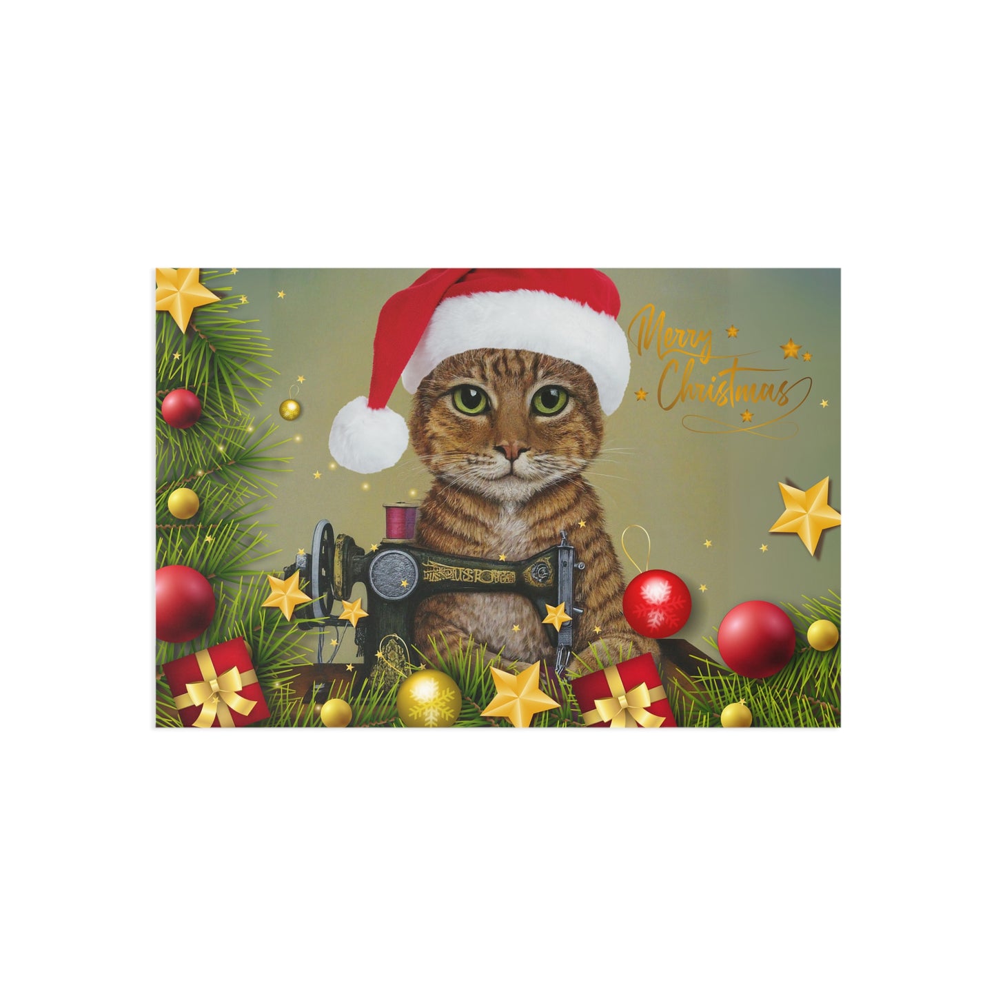 Merry Christmas Ginger Sewing Cat Postcard
