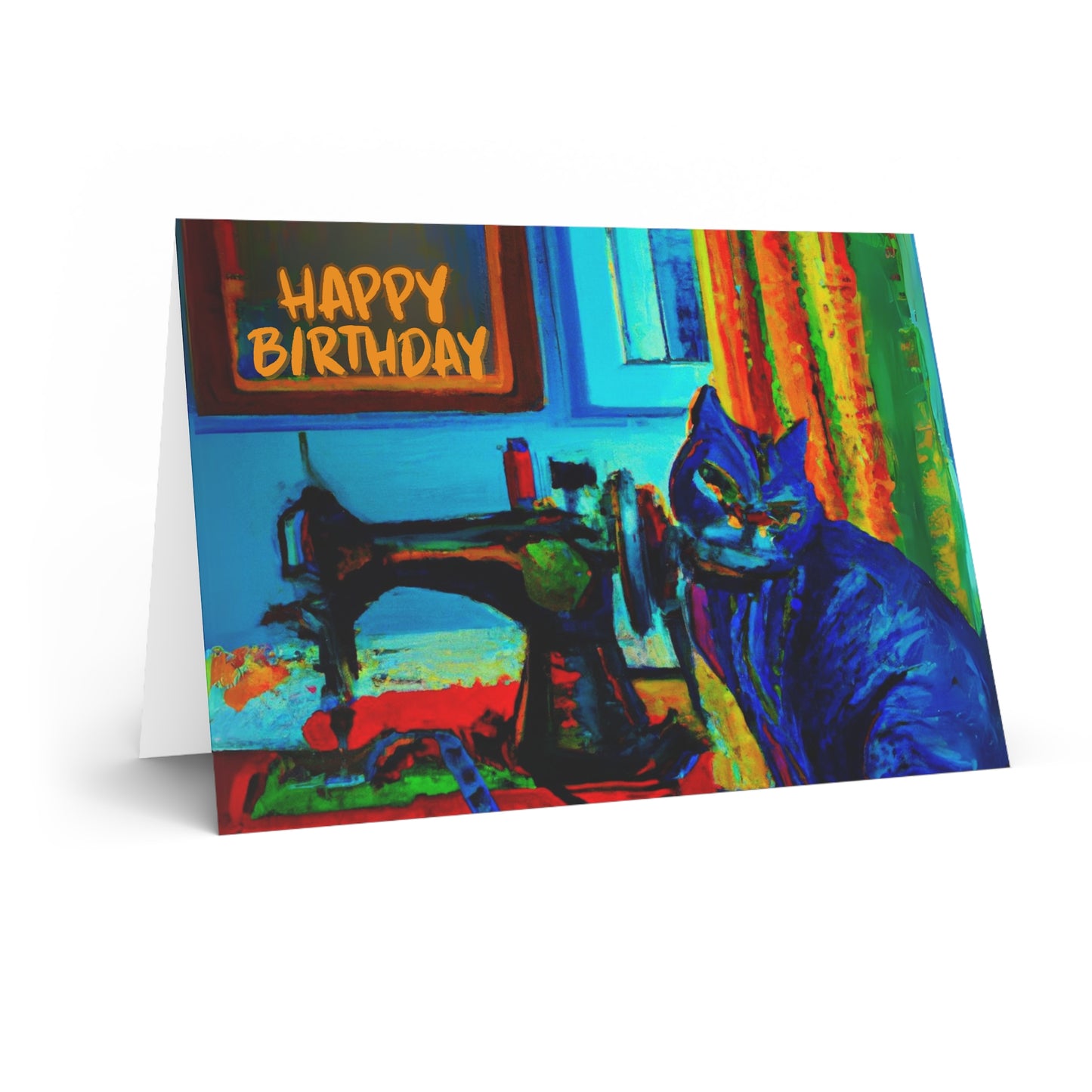 Birthday Card Blue Sewing Cat