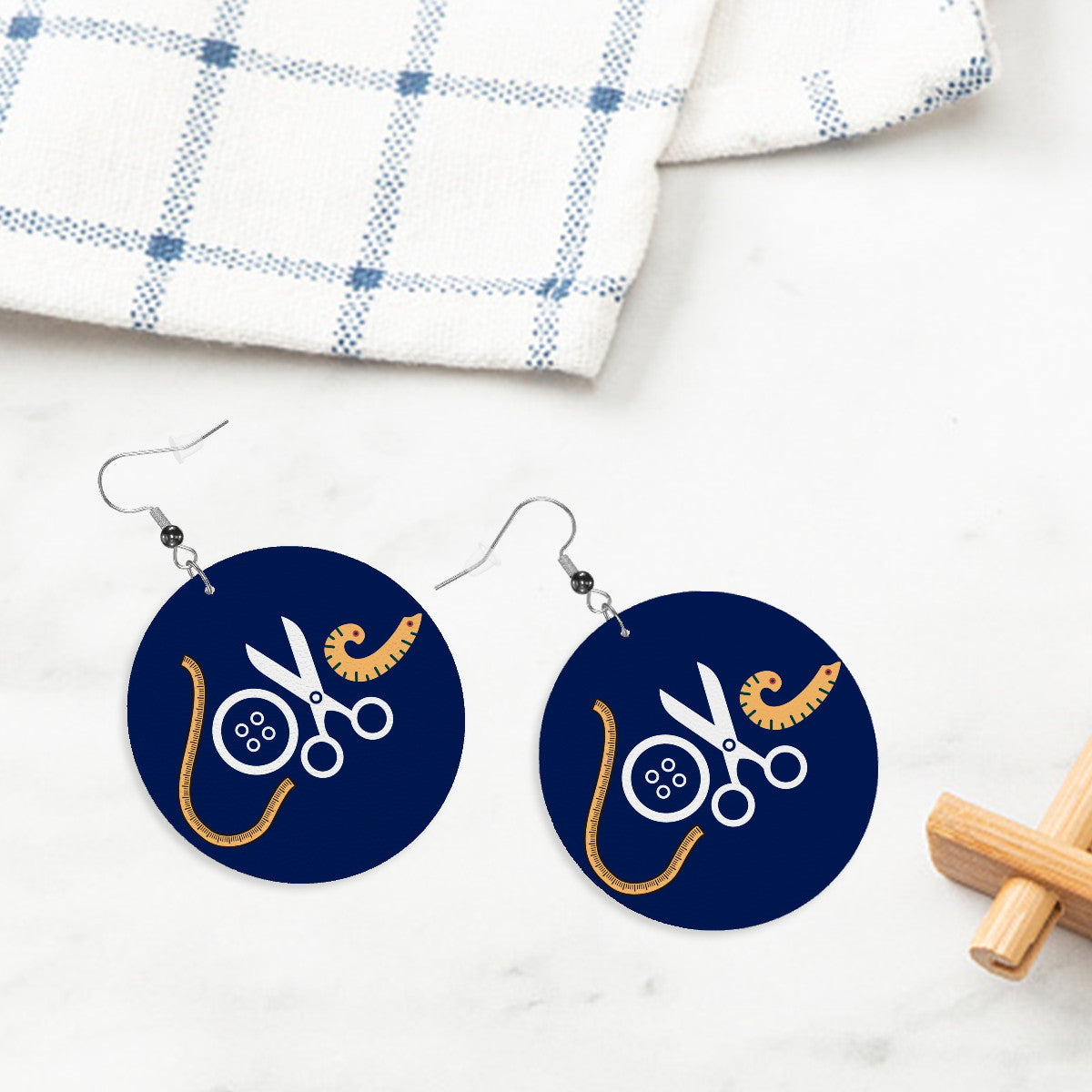 Navy Circle Drop Leather Earrings with " Love Sewing" design, the perfect gifts for people who love to sew