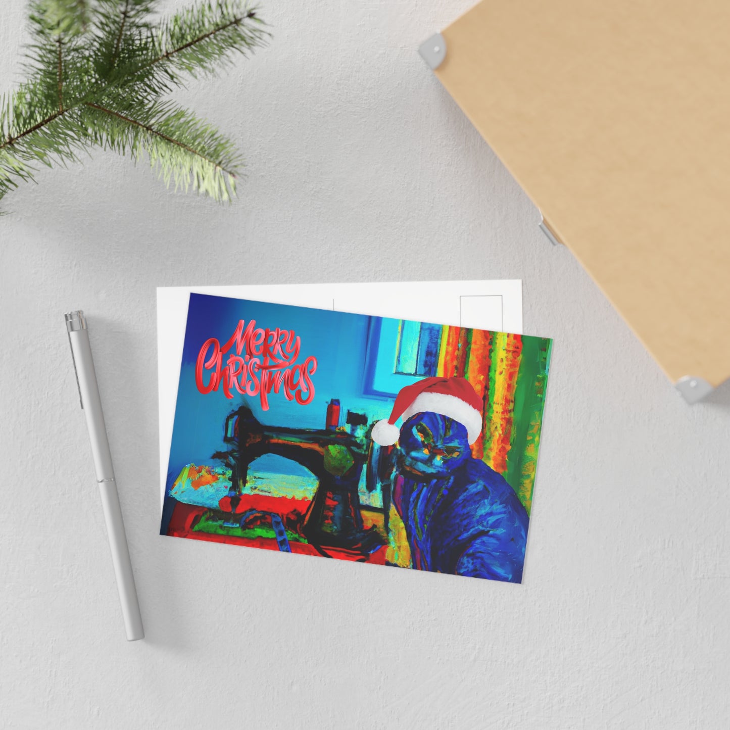 Merry Christmas Blue Sewing Cat Postcard