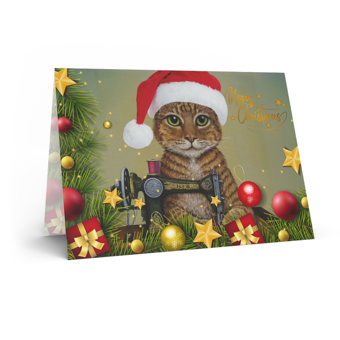 Merry Christmas Ginger Sewing Cat Card