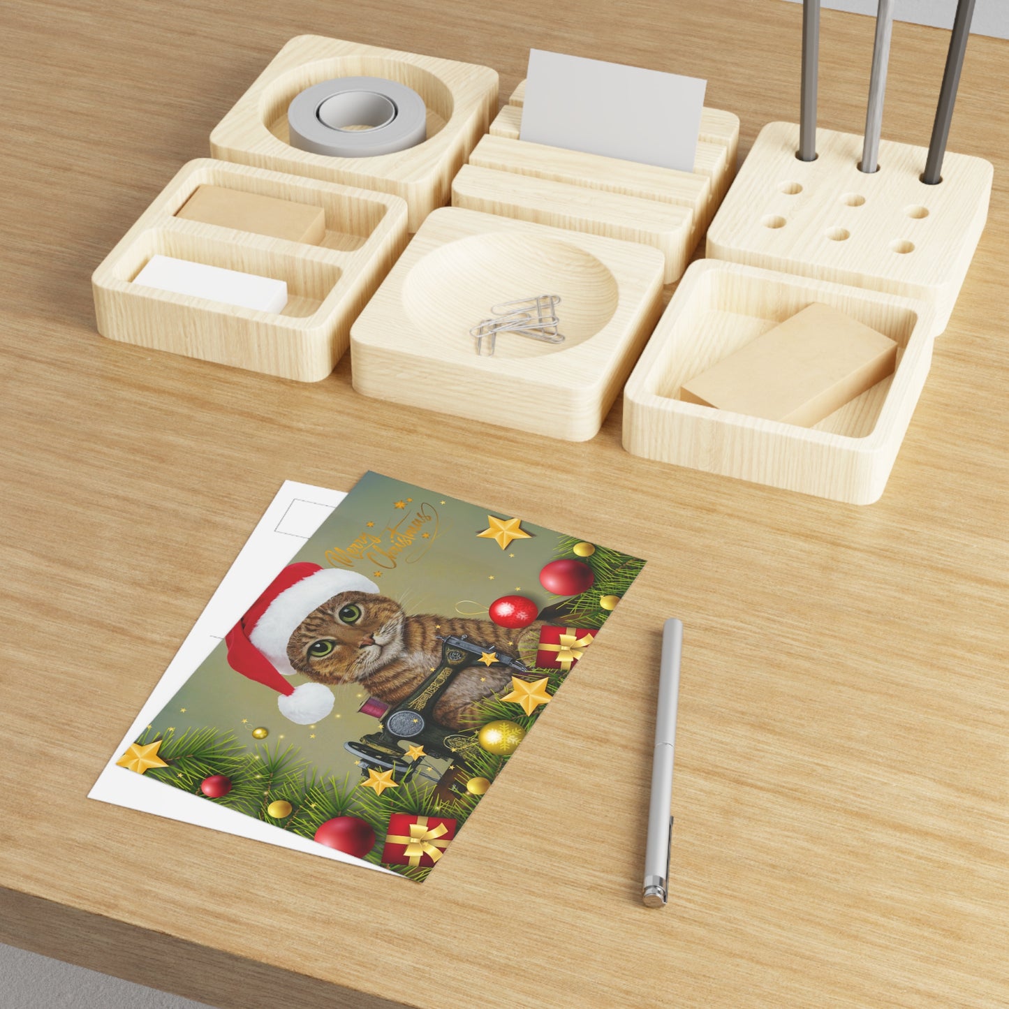 Merry Christmas Ginger Sewing Cat Postcard