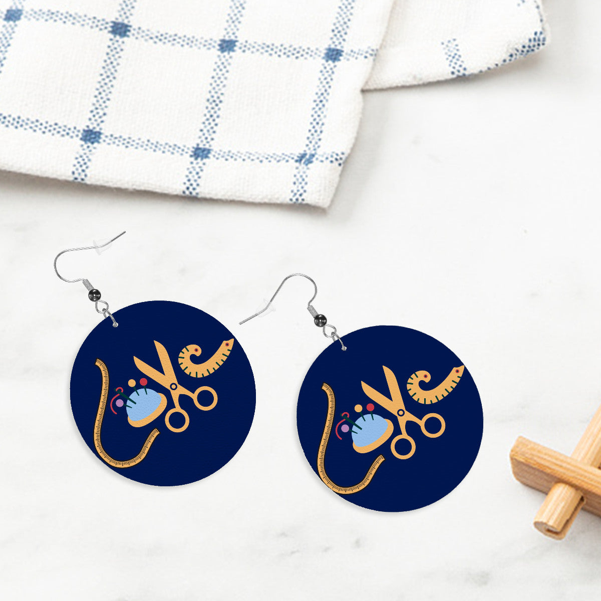 Navy Circle Drop Leather Earrings with " Love Sewing" design, the perfect gifts for people who love to sew