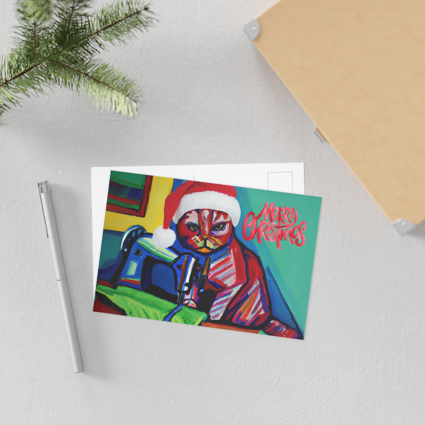 Merry Christmas Colourful Sewing Cat Postcard
